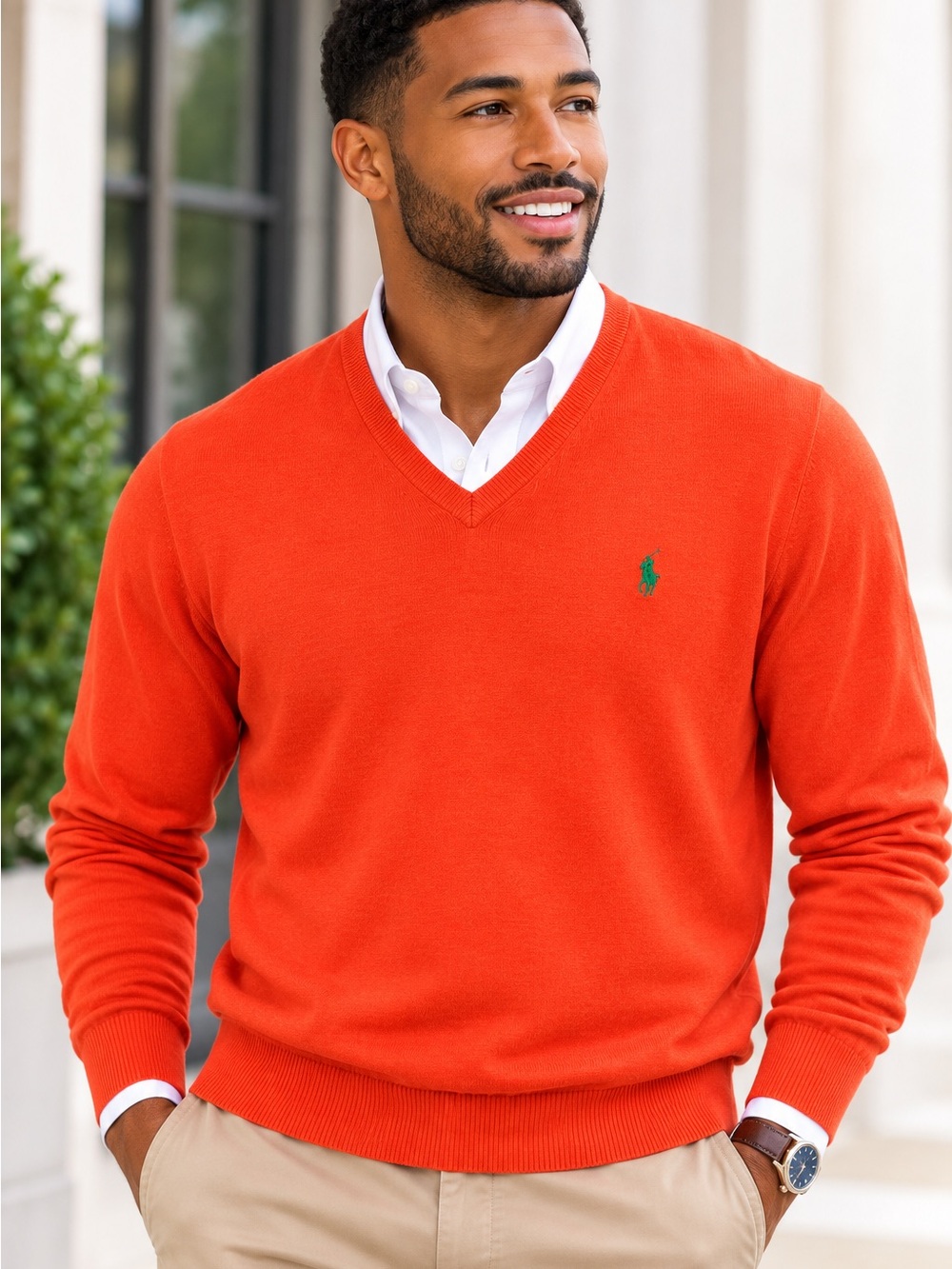 Polo Ralph‎ Lauren Men’s Orange Pima Cotton V-Neck Sweater Green Pony M